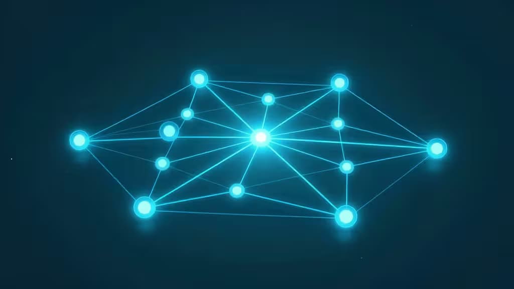 Schéma réseau bleu lumineux illustrant des nœuds interconnectés, symbolisant les outils d'API Gateway pour GraphQL sous 50 $/mois.