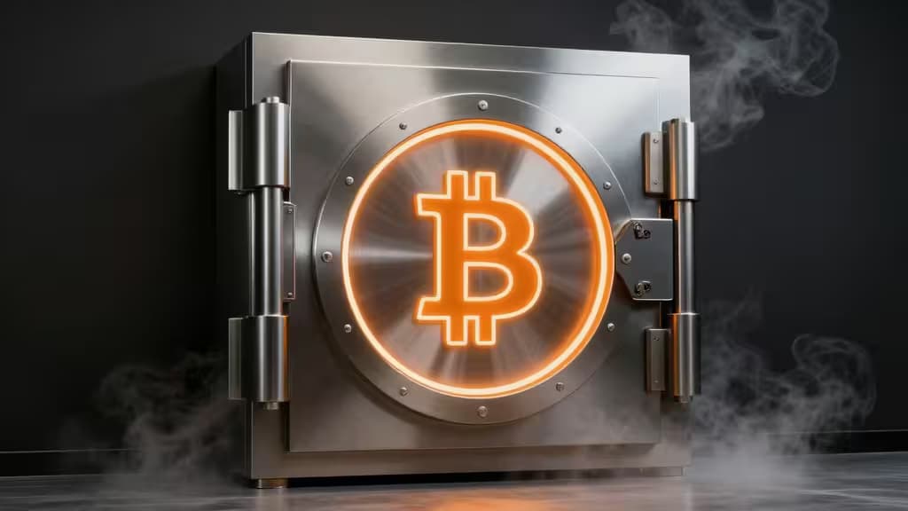 Une porte de coffre en acier avec un symbole Bitcoin lumineux, entourée de brume, symbolisant le stockage à froid sécurisé.