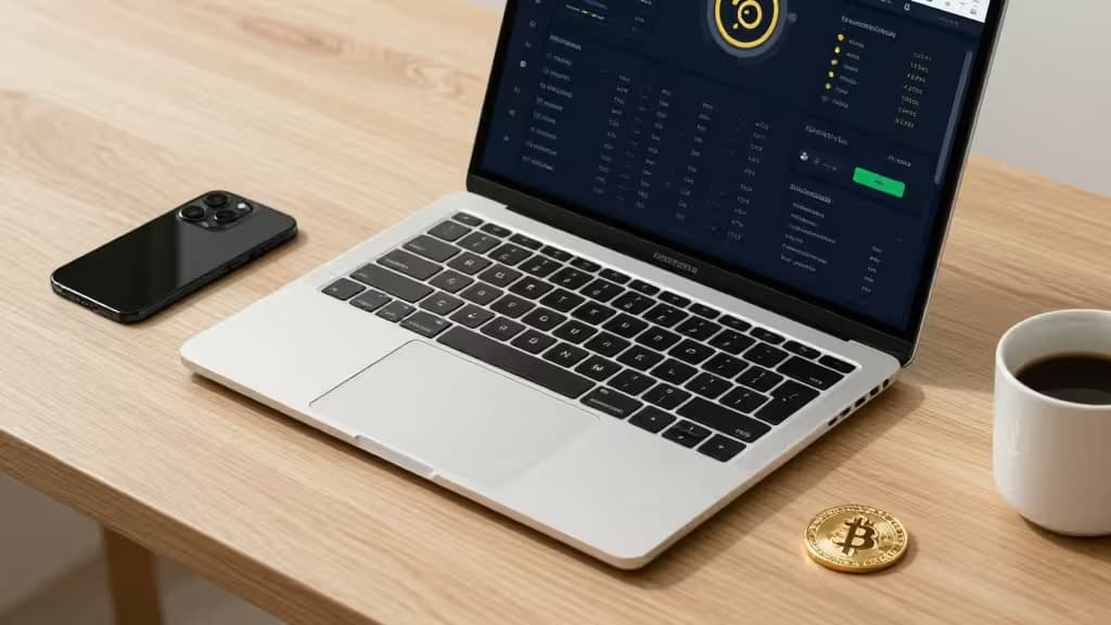 ノートパソコンに暗号資産ダッシュボードが表示され、ビットコインコインとコーヒーカップが木製デスクに置かれている様子