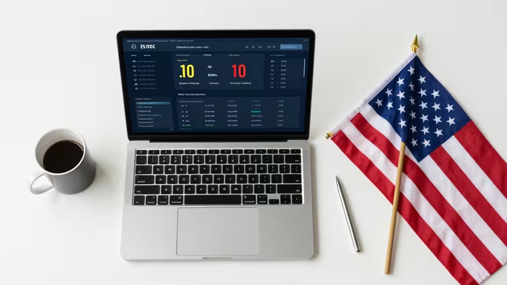 Laptop displays investment dashboard beside US flag, coffee mug, and pen on white desk.