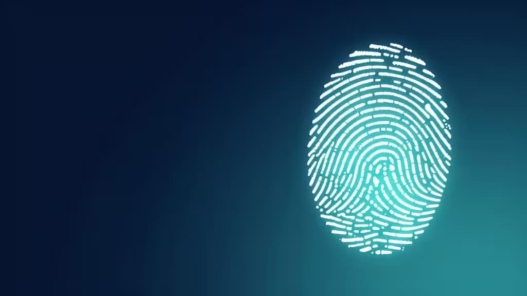 Abstract digital security illustration: a glowing fingerprint dissolving into cryptographic key shapes on a deep navy and teal gradient background