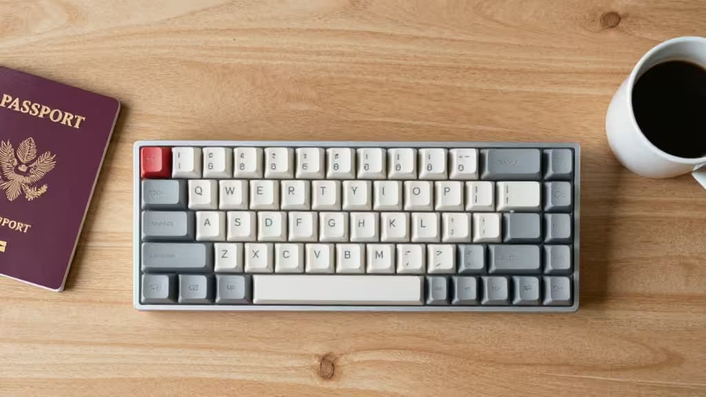 Un clavier mécanique compact aux touches blanches et grises posé sur une table en bois à côté d'un passeport et d'une tasse de café.