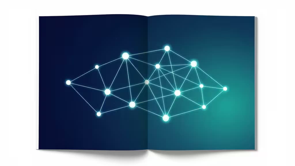 Glowing network nodes connect across an open book's gradient blue pages, symbolizing embedded finance APIs linking fintech infrastructure.