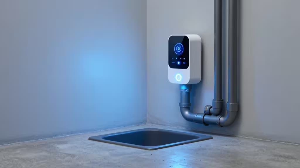 Moniteur intelligent blanc pour pompe de puisard avec écran bleu lumineux monté sur mur gris au-dessus d'un drain au sol en béton.