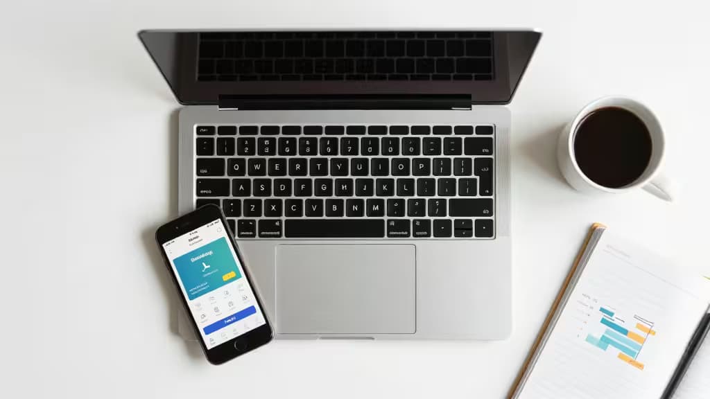 Smartphone displaying banking app beside laptop, coffee, and notebook on white desk.