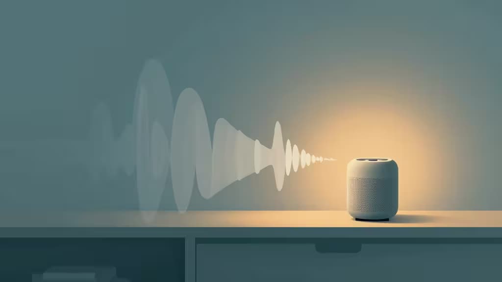 Une enceinte connectée cylindrique émet des ondes sonores translucides, illustrant la technologie de surveillance du bruit pour les hôtes Airbnb.