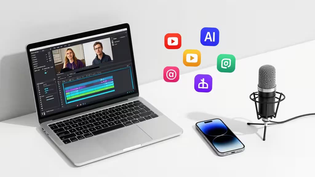 Laptop displays video editing software with AI icons, microphone, and smartphone on white desk.