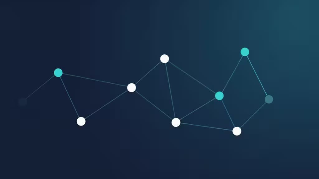 A network of interconnected nodes in white and teal on a dark blue gradient background.
