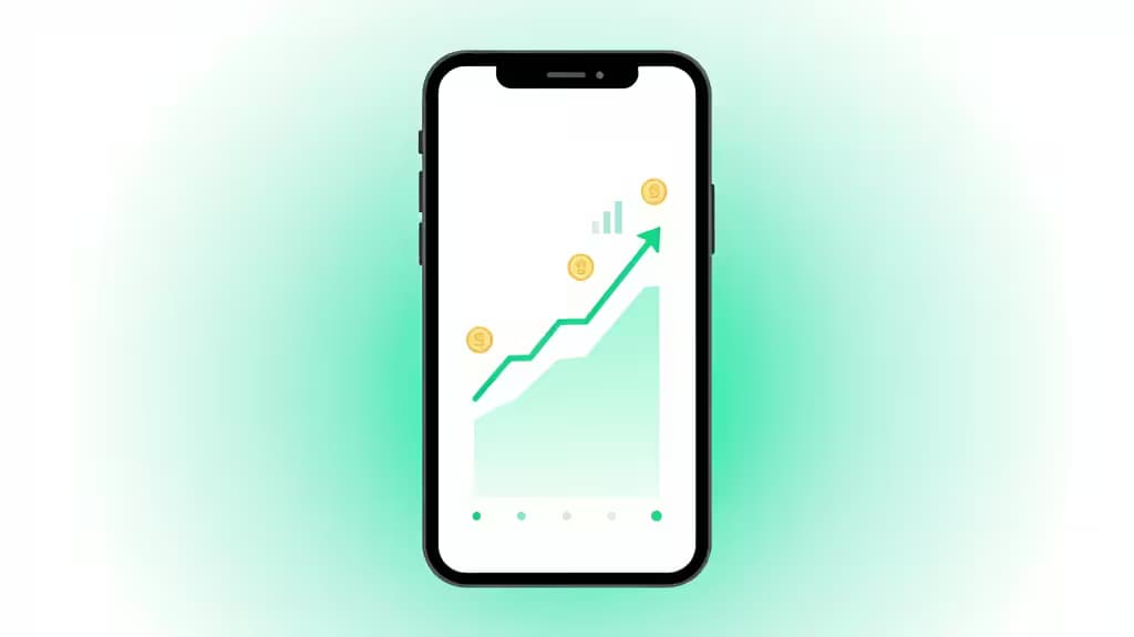 Minimalistische Darstellung eines wachsenden Investment-Portfolios auf einem Smartphone mit aufwärts gerichteter grüner Kurve und ETF-Icons vor teal-weißem Hintergrund