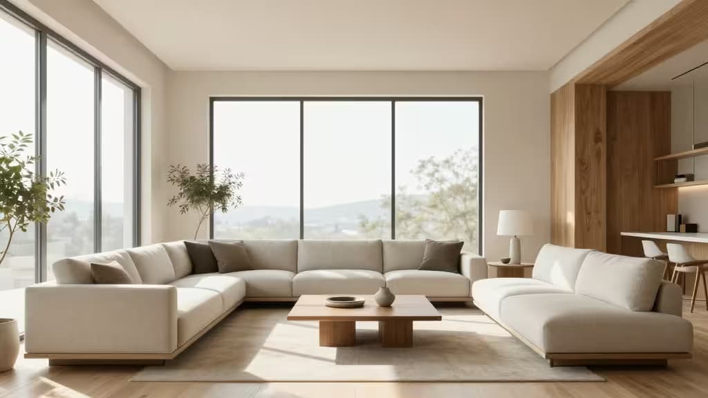 A bright, modern living room with minimalist furniture and soft natural light, styled as a professionally staged interior.