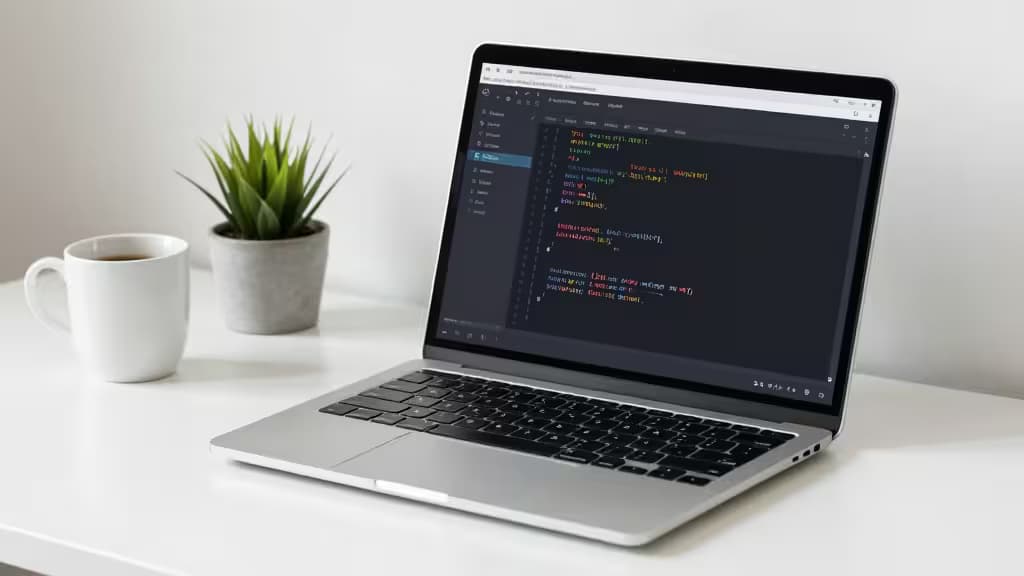 Notebook prateado exibe código Rust na tela sobre uma mesa branca ao lado de café e suculenta.