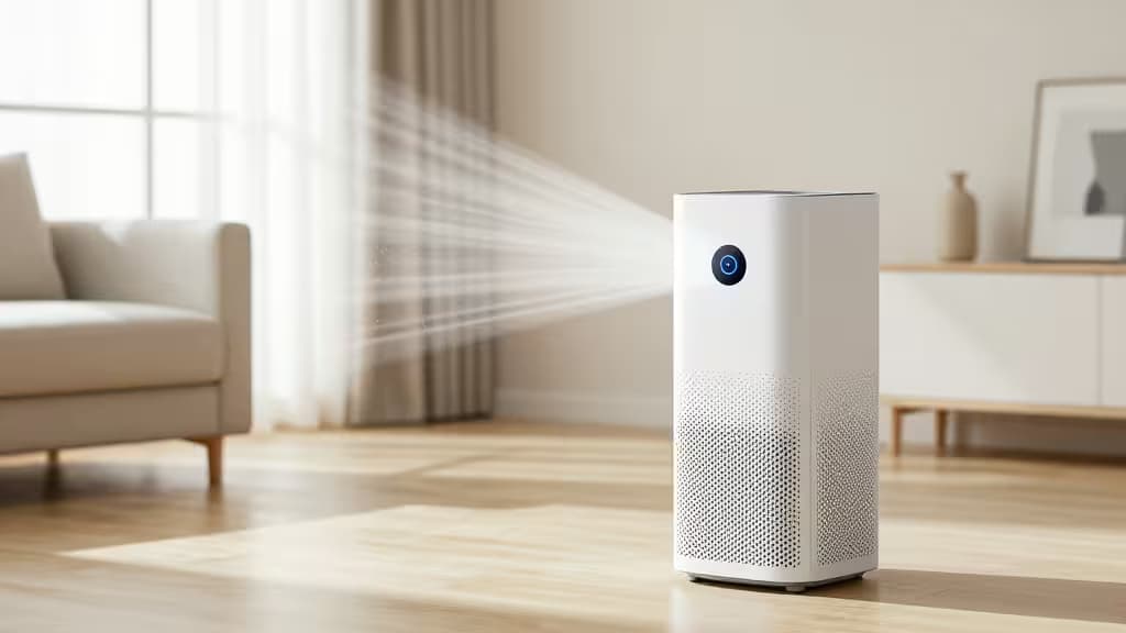 Purificateur d'air intelligent blanc avec grille perforée et capteur bleu diffusant de l'air pur dans un salon moderne baigné de lumière.