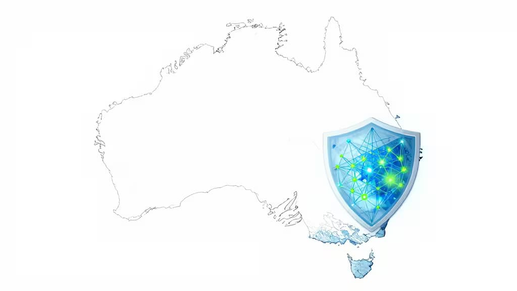 Cyfrowa mapa Australii z lśniącą tarczą ochronną i połączonymi węzłami sieci, symbolizująca bezpieczne zasięgi VPN.