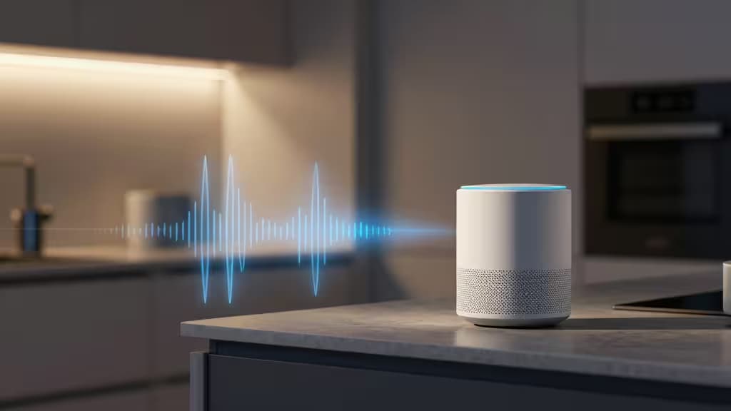 Um altifalante inteligente branco sobre uma bancada de cozinha, emitindo ondas de voz azuis para auxiliar utilizadores com deficiência visual.