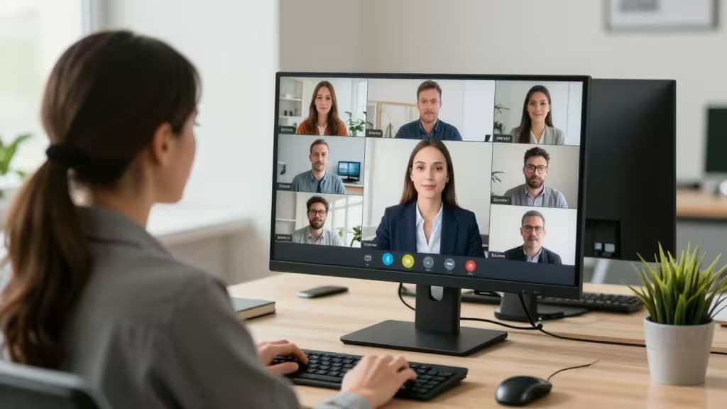 Une femme à son bureau utilise une webcam éclairée par une barre lumineuse LED, améliorant la qualité de son appel vidéo.