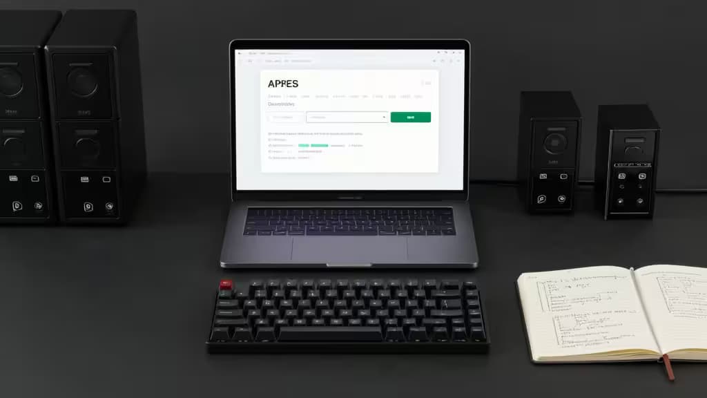 A laptop displaying an API testing interface sits on a dark desk with mechanical keyboard and notebook.