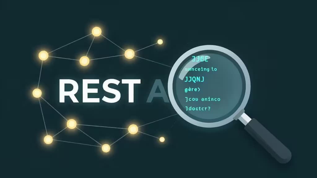 Abstract illustration of REST API testing with glowing network nodes, data streams, and JSON code fragments in teal and amber tones