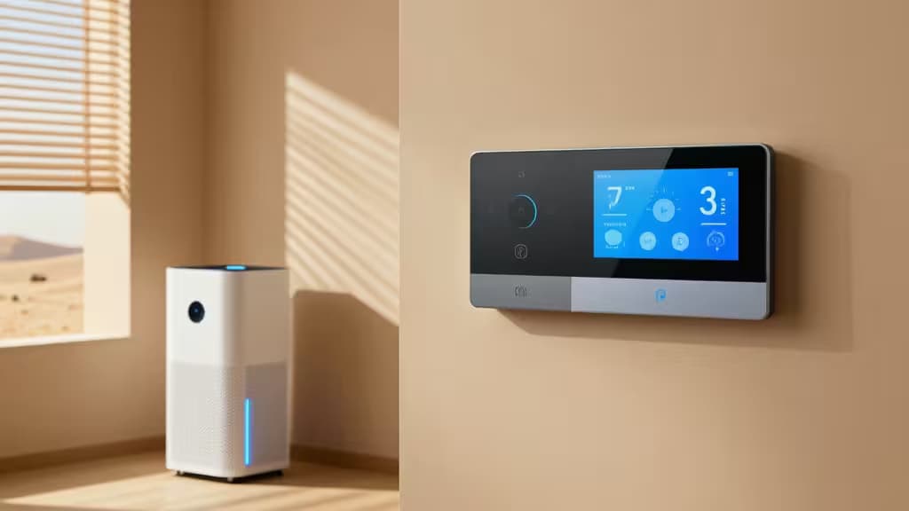 A modern smart home interior with warm desert sunlight streaming through blinds, featuring a smart sprinkler controller on the wall, a compact air purifier, and a smart hub display showing temperature readings.