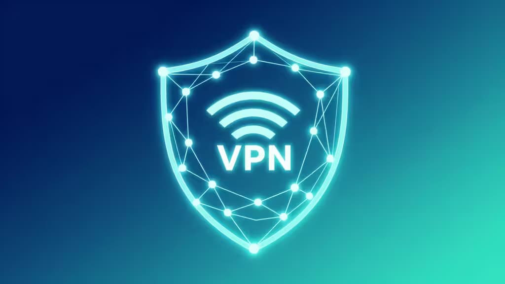 Glowing cyan mesh shield encloses WiFi waves and VPN symbol, symbolizing secure network protection.