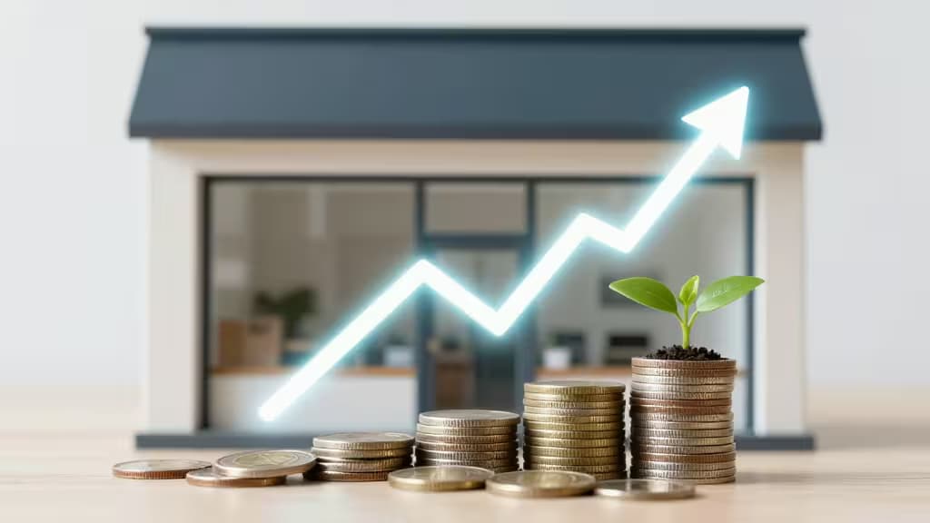 Abstract illustration of a small business storefront with an upward-trending savings growth graph and a small plant growing from coins, representing business savings growth.