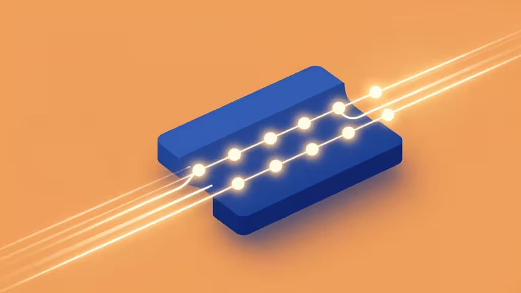 Abstracte illustratie van een snelle in-memory datacache met gloeiende datanodes verbonden door lichtsporen in warme oranje en diepblauwe tinten