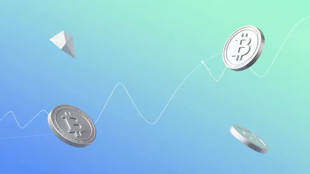 Composición abstracta con monedas criptográficas flotantes y líneas de gráfico sobre un fondo de degradado azul y verde, estilo fintech minimalista.