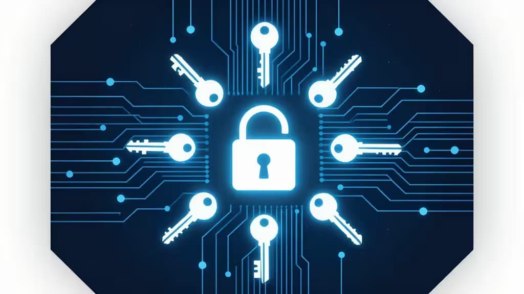 Candado y llaves brillantes sobre un circuito integrado simbolizando la gestión segura de API keys para equipos DevOps.