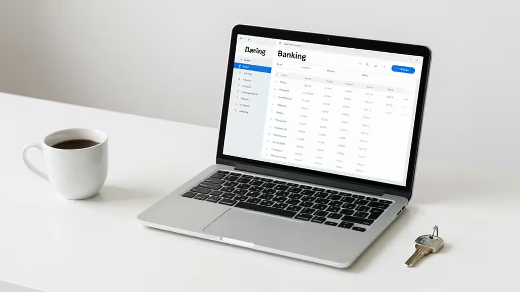 Laptop displays banking software beside coffee cup and keys on white desk.