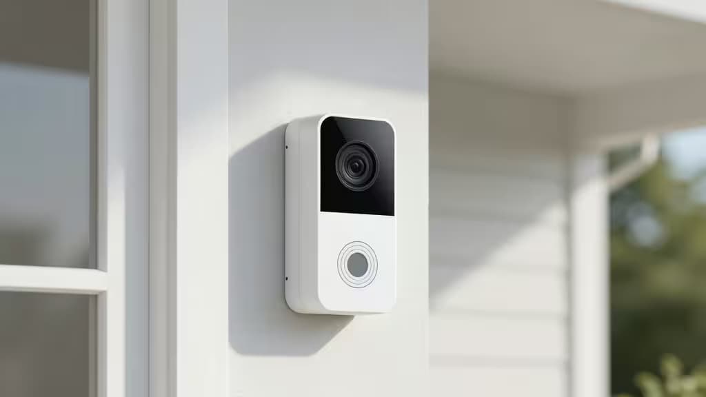 A smart video doorbell camera mounted on a modern front porch in soft morning light.