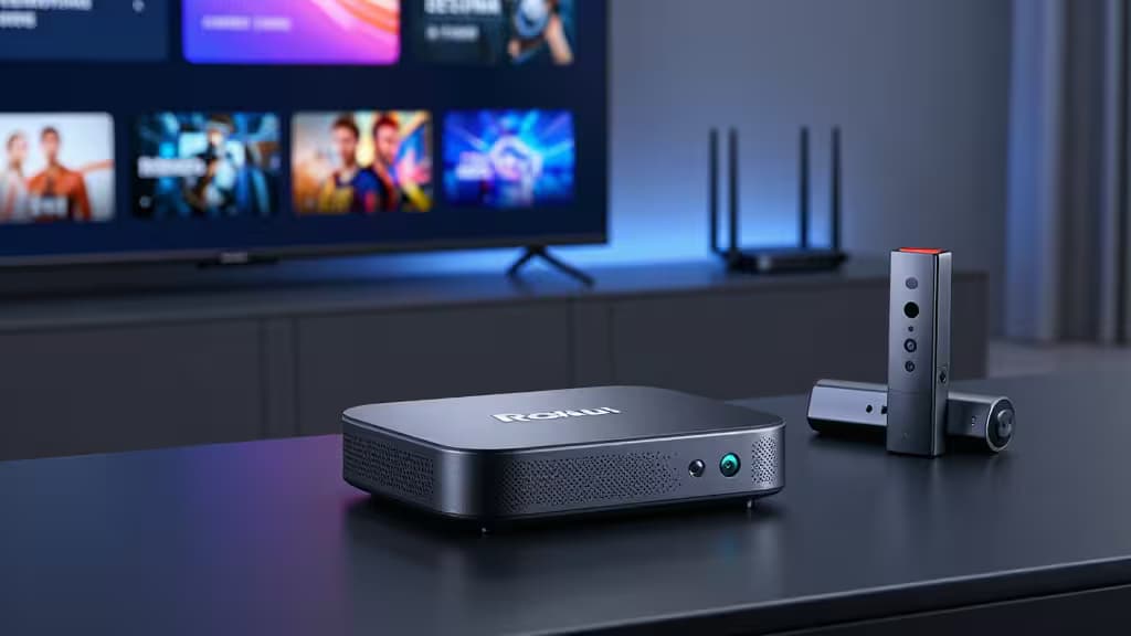 Roku streaming device with remote on table, TV displaying apps in background.