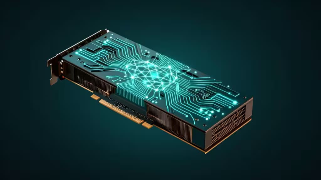 Glowing cyan neural network circuitry illuminates a black graphics card against a dark teal background.