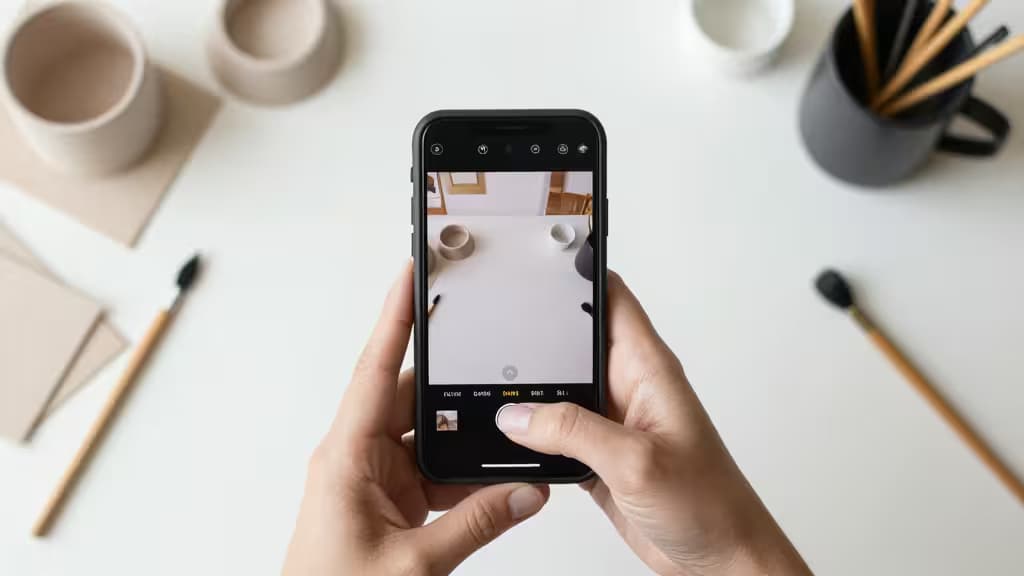 Mani che tengono uno smartphone per fotografare ceramica artigianale su un tavolo bianco, illustrando la fotografia prodotto per Etsy seller con strumenti AI.