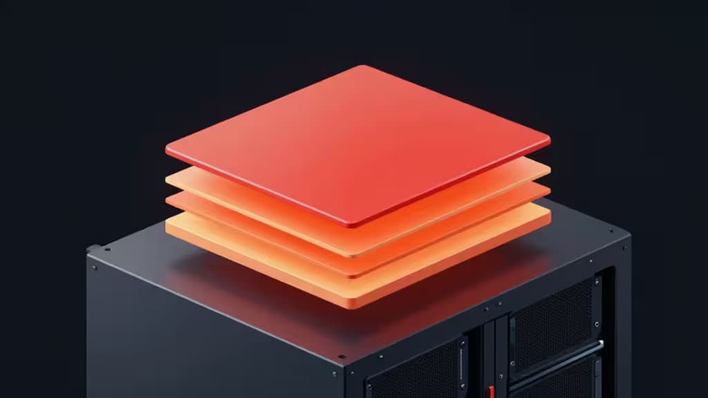 Glowing orange cache layers float above a black server rack, symbolizing fast, affordable managed Redis hosting for startups.
