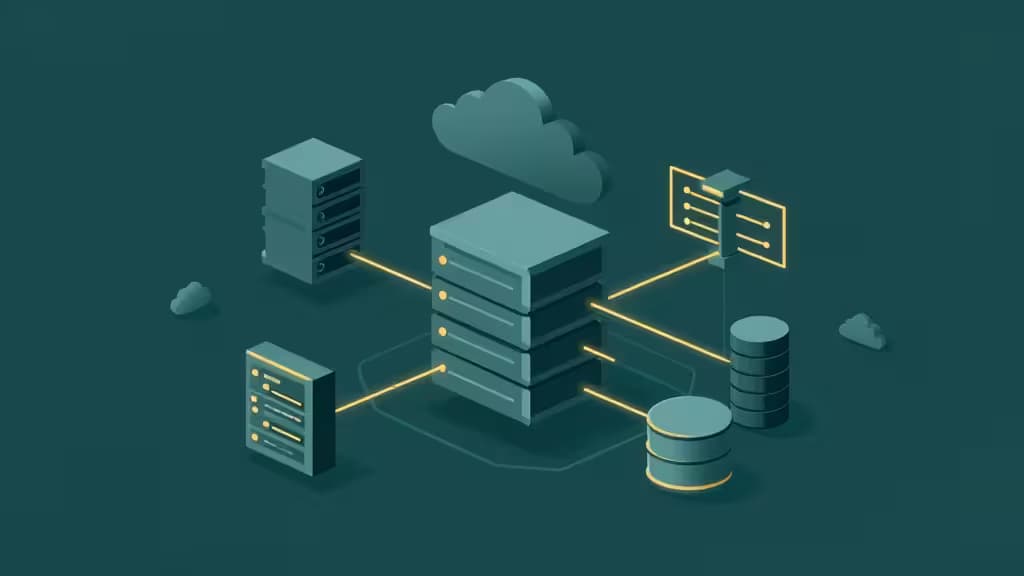 Teal isometric servers, glowing yellow data lines, and cloud icons illustrate backend infrastructure for indie developers comparing affordable BaaS platforms.