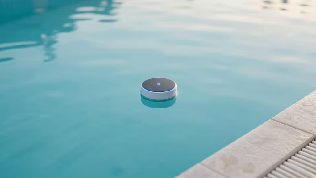Schwimmbecken bei Morgendämmerung mit klarem türkisfarbenem Wasser und einem schwebenden Smart-Pool-Sensor mit blauem LED-Licht