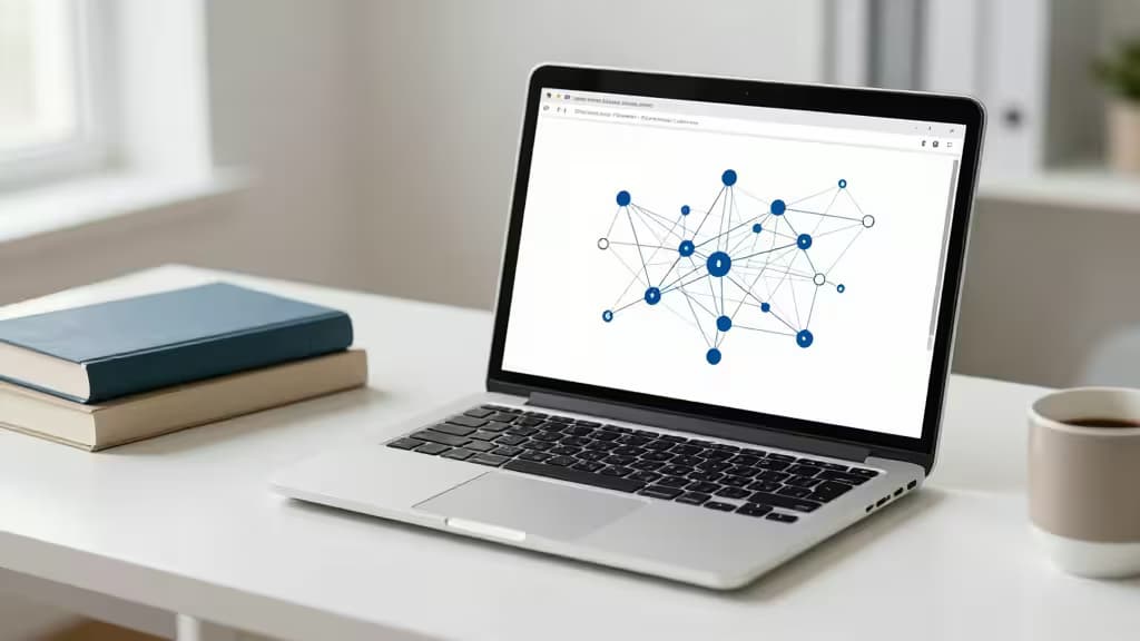 Laptop displays network graph on white desk beside stacked books and coffee cup.