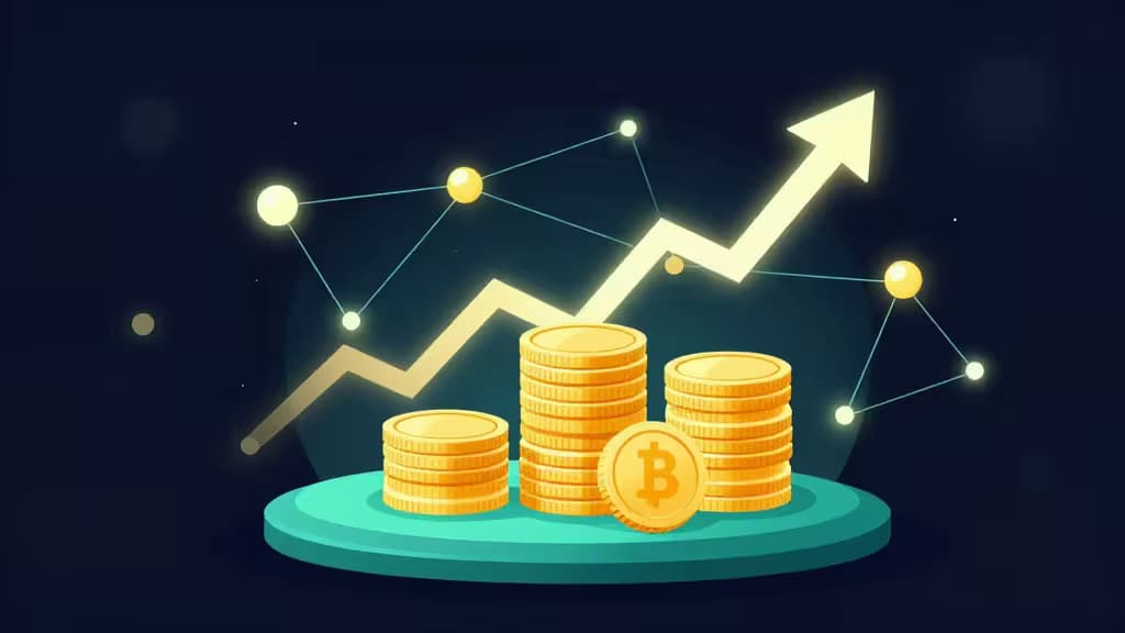 Glowing Bitcoin coins stack on teal platform beneath rising arrow graph, symbolizing high APY crypto staking growth in 2026.