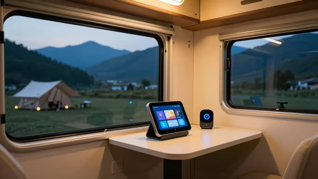 Gemütliches Wohnmobil-Interieur bei Dämmerung mit kompaktem Smart-Display und warmem Licht am Bergcampingplatz