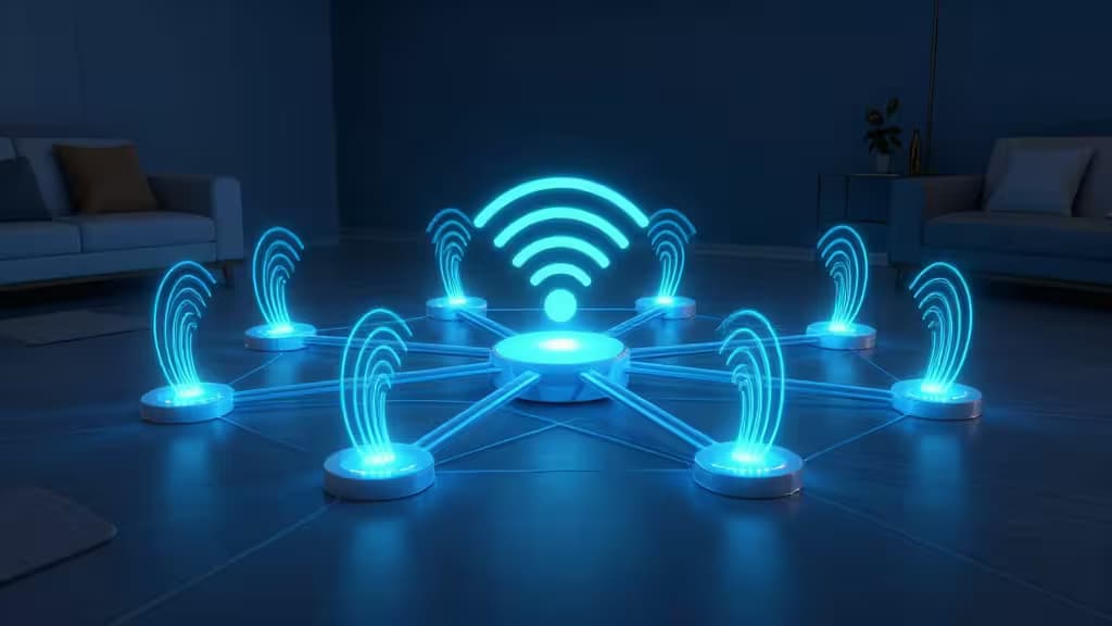 Representação abstracta de uma rede mesh WiFi 7 com nós interligados a irradiar sinais numa casa moderna, em tons de azul e ciano.