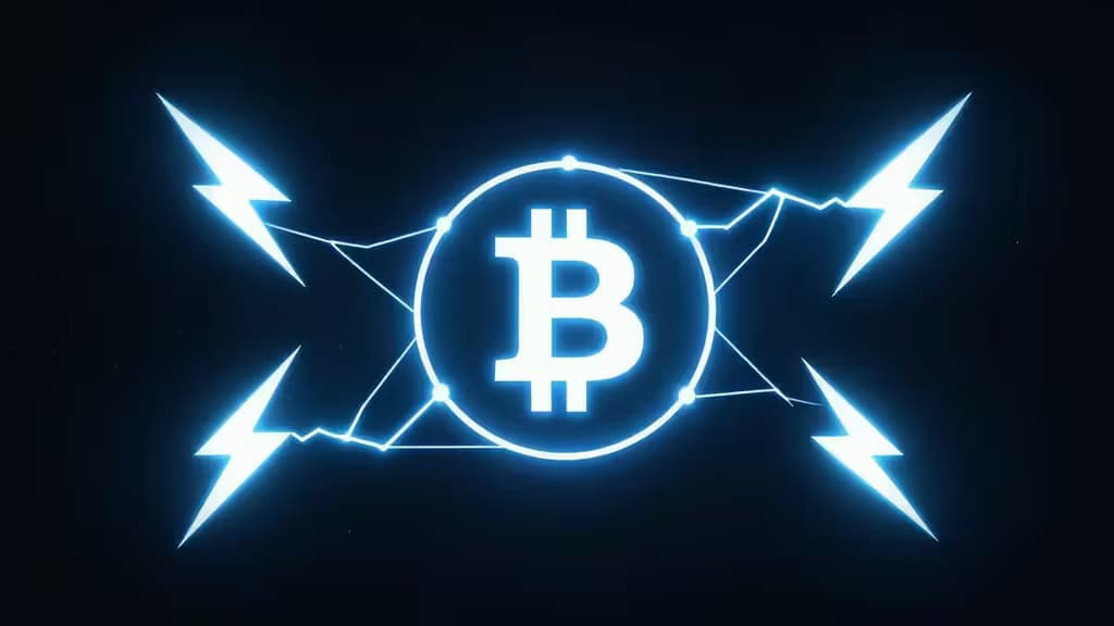 Abstract illustration of the Bitcoin Lightning Network: glowing blue lightning bolts connecting network nodes on a dark background, symbolizing instant peer-to-peer payments.
