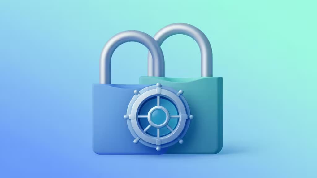 Two interlocking silver padlocks secure a teal digital vault, symbolizing shared couple password management.