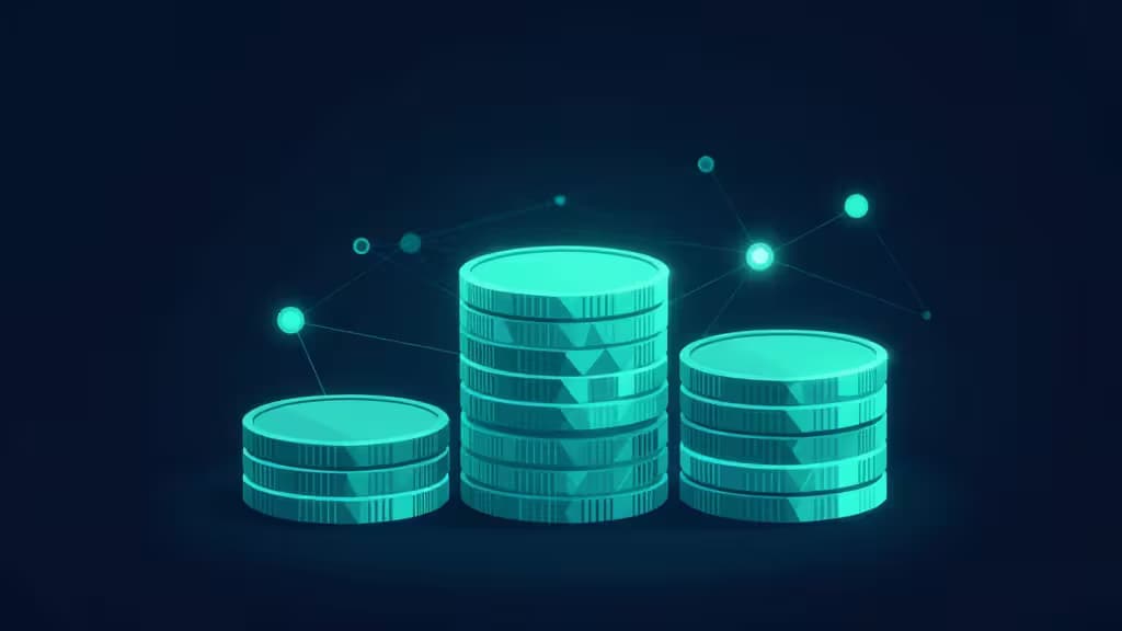 Monete criptovalute impilate luminose su sfondo blu scuro con nodi di rete blockchain collegati, rappresentazione astratta dello staking
