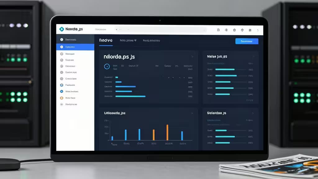 Un ordinateur portable affiche un tableau de bord de monitoring Node.js avec des métriques en temps réel, entouré de baies de serveurs et de magazines tech.