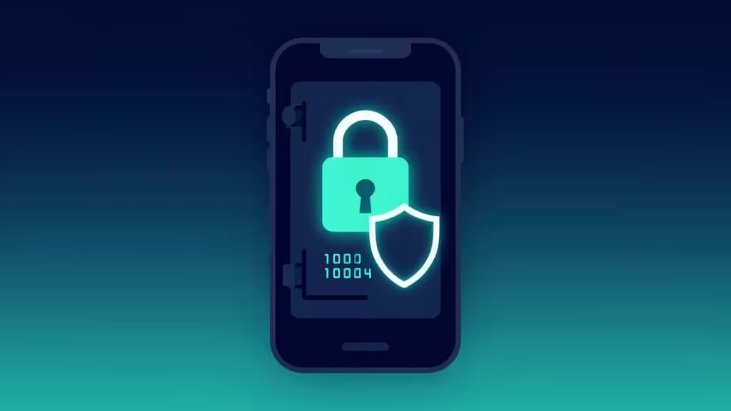 Un lucchetto e uno scudo teal luminosi fluttuano sopra codice binario sullo schermo di uno smartphone, contro uno sfondo a gradiente blu scuro.