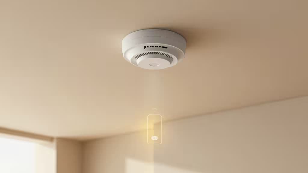 Ein weißer Rauchmelder an einer beigefarbenen Decke projiziert ein leuchtendes Smartphone-Symbol nach unten, das die Smart-Home-Konnektivität verdeutlicht.