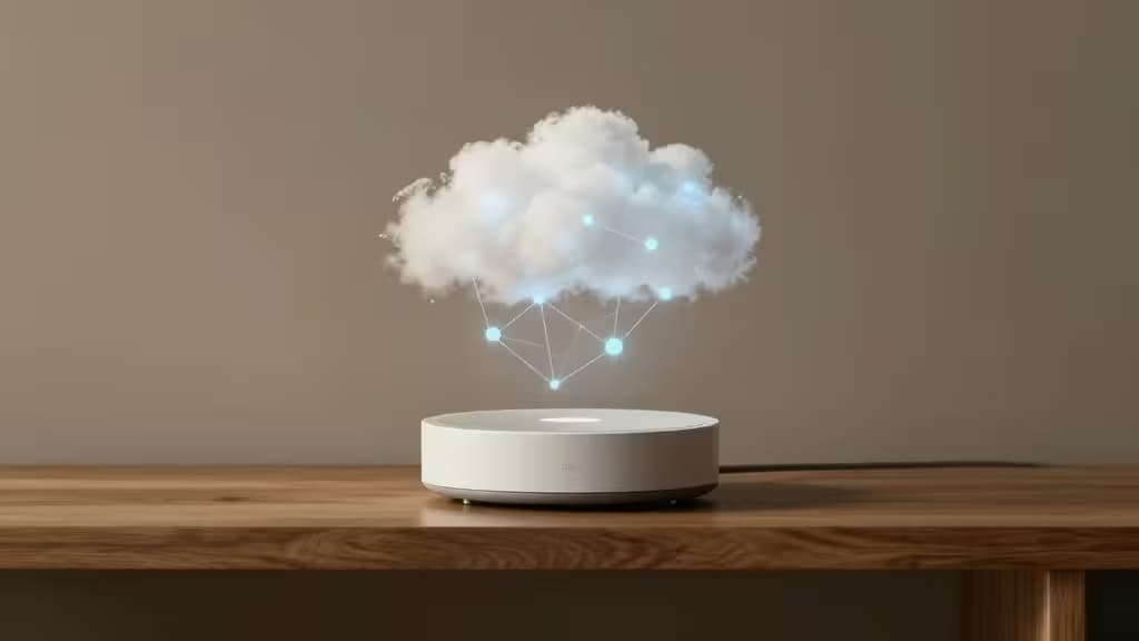 A minimalist smart home interior with a sleek hub device on a wooden shelf, glowing local network nodes surrounding the device instead of reaching to a distant cloud, warm lighting with muted earth tones and subtle blue accents.