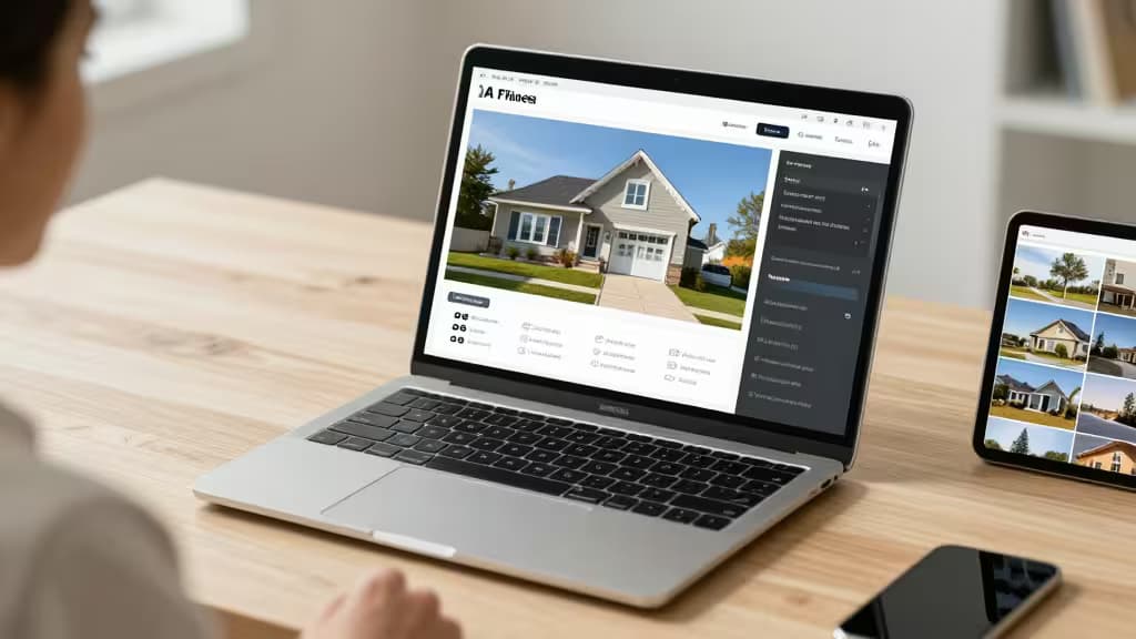 Escritorio moderno de un profesional inmobiliario con portátil que muestra fotos de propiedades mejoradas con IA y interfaz de virtual staging bajo luz natural cálida.