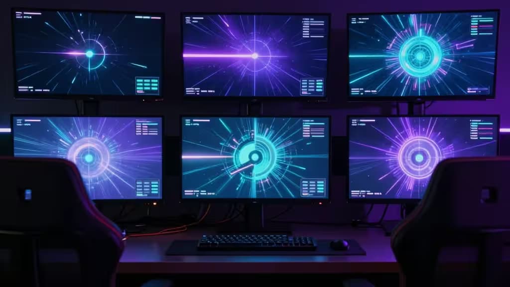 Zes gloeiende monitoren tonen neon cyber-interfaces boven een strak bureau met toetsenbord en muis, geflankeerd door twee gaming-stoelen.