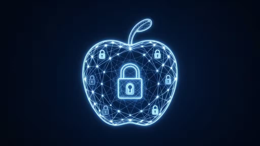 Um logótipo Apple em wireframe azul brilhante com um cadeado central e cadeados mais pequenos à volta, simbolizando gestão segura de palavras-passe em dispositivos Apple.