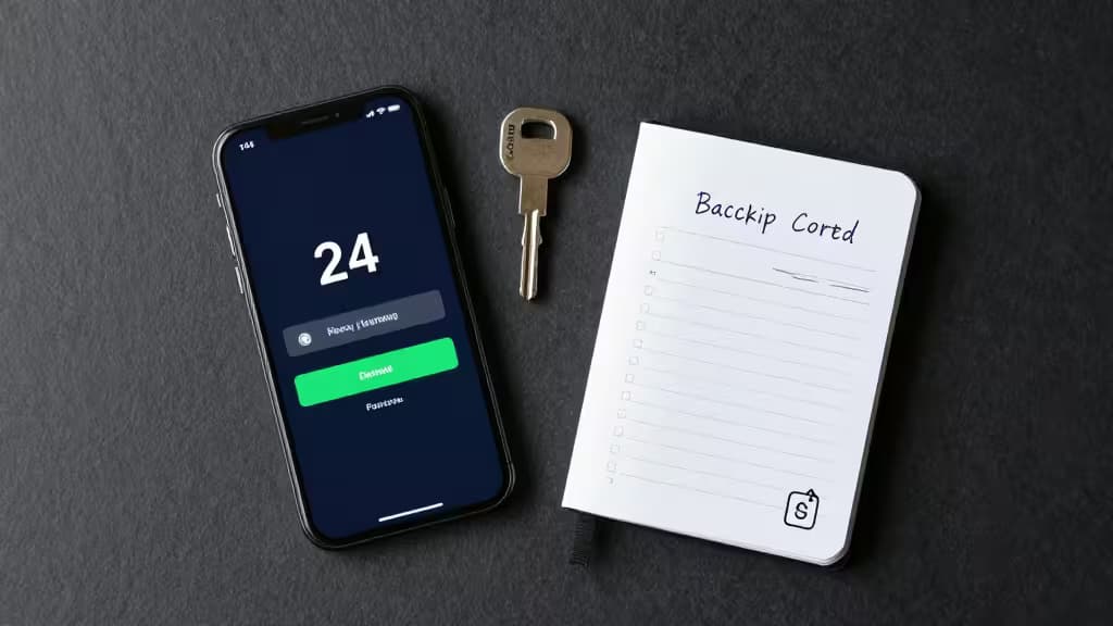 Smartphone, metal key, notebook with codes, and password manager icon on dark desk.